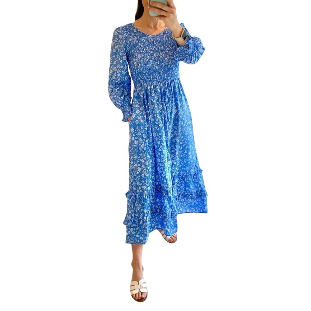 Pink City Prints Tuckernuck Cornflower Lolita Isabel Smocked Midi Dress Blue S